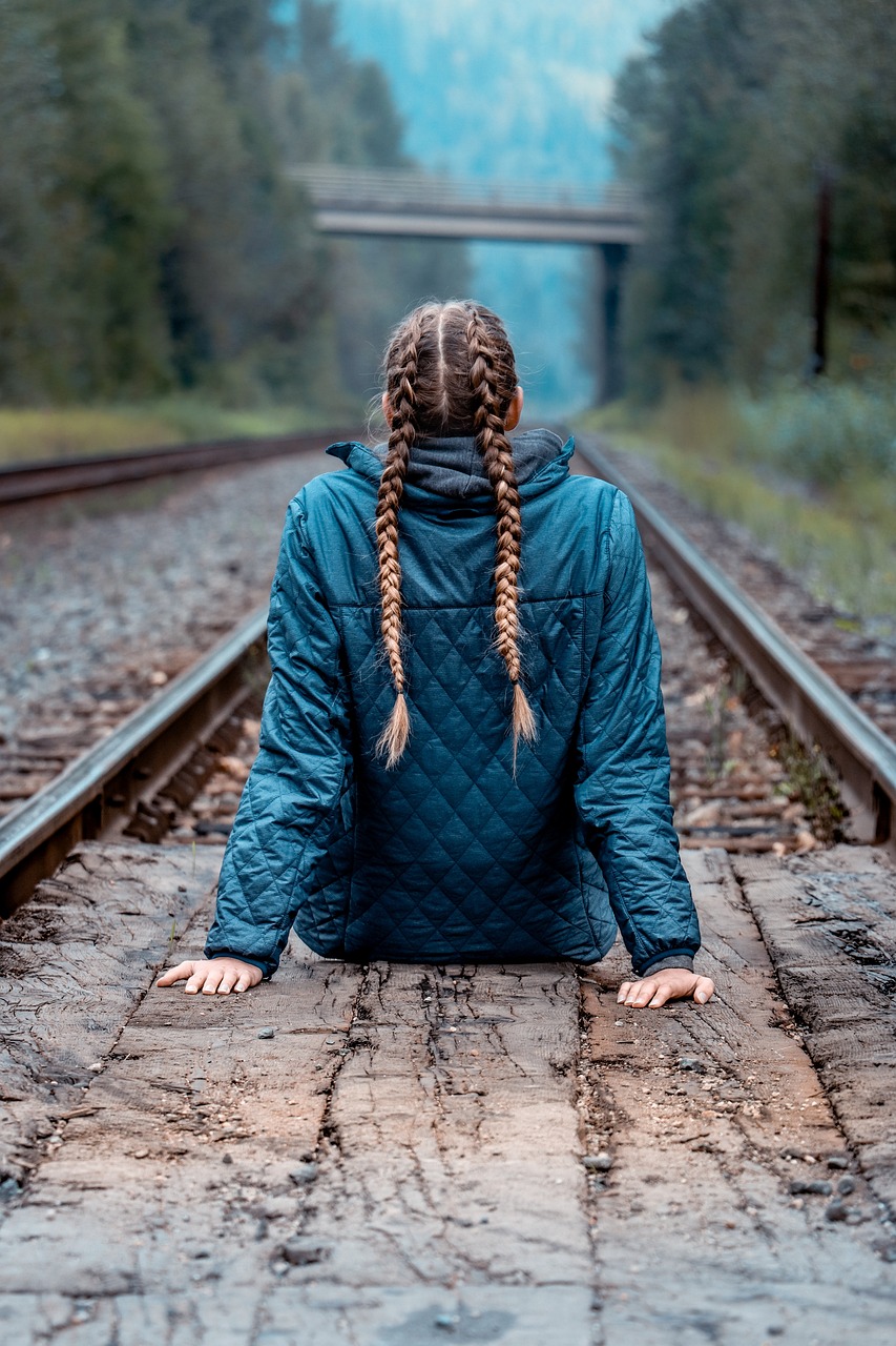 braids, nature, girl, woman, tracks, rails, outlook, canada, forest, jacket, cold, hairstyle, to sit, sitting, long hair, hair, braids, canada, canada, canada, canada, canada, jacket, jacket